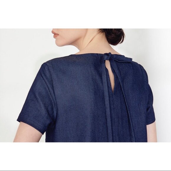 Cuyana Medium Denim Chambray Top Blouse Tie Back Blouse Short Sleeve Blue Tee - Picture 5 of 12